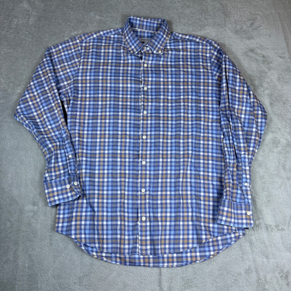 Peter Millar Shirt Mens L Plaid Button Down Blue Tan Long Sleeve Business Casual
